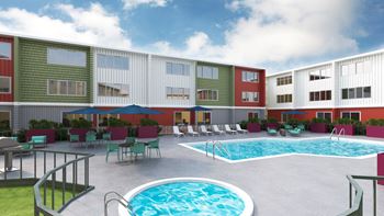 a rendering of an apartment building with a swimming pool  at Track 281 Apartments, Sacramento, CA, 95811